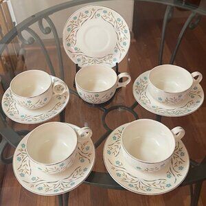 Vintage Royal Monarch Queen Anne Pattern 5 Cup and Saucer Sets 10 Pieces 1950s
